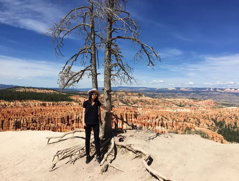 Esther standing beside a tree overlooking Bryce Canyon National Park