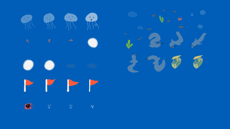 Ocean sprite sheet with jellyfish, seals, small fish, white discovery bubbles, red flags, wrecks and scenery