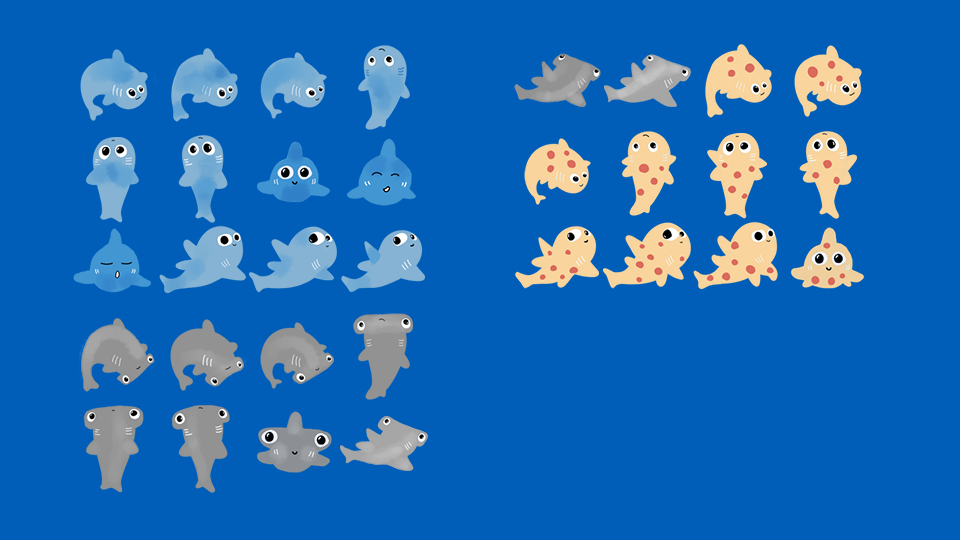 Animation poses for the three shark characters: Bob, Jack and Lucy