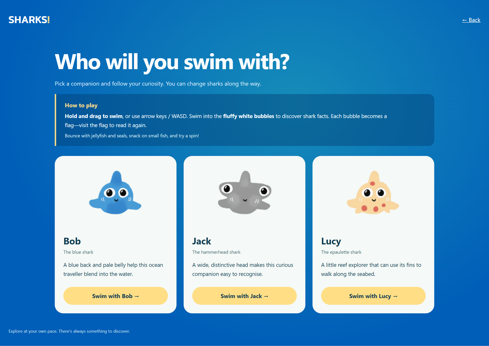 Three shark selection cards below the How to play instructions