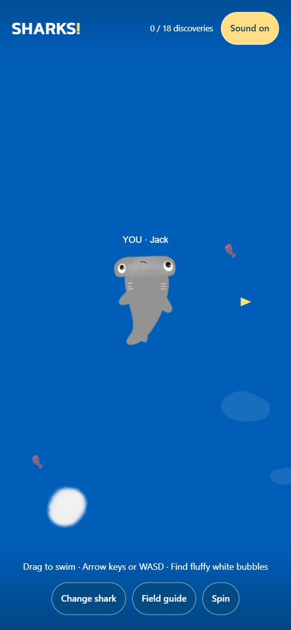 Mobile ocean screen with a YOU label above the shark