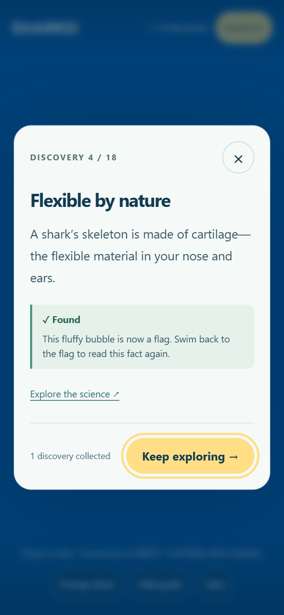 Mobile fact card with a title, paragraph, Found message and return button